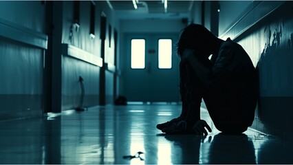 Wall Mural - Silhouette of a depressed man sitting on the floor in a dark room, alone and sad. A stressed person suffering from mental health issues and depression in the style of ob temporalsis