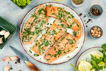 Wall Mural - Fresh salmon, preparing marinated salmon.