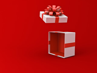 Wall Mural - Blank white present box open for product display showcase or gift box with red ribbons and bow isolated over dark red background with shadow and blank space minimal conceptual 3D rendering