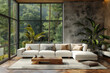 Modern interior of living room with huge white sofa and big wondows with forest view.