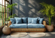 Bamboo sofa infront of blue wall