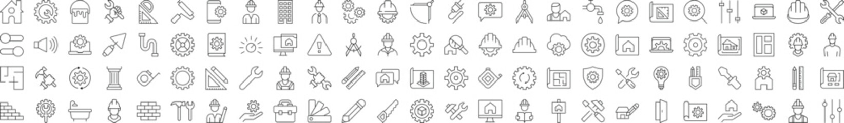 Collection of Line Icons of Repair, Renovation, Building, Construction. Suitable for books, stores, shops. Editable stroke in minimalistic outline style. Symbol for design