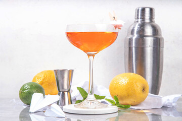 Wall Mural - Paper plane boozy alcohol cocktail with Bourbon, whiskey, amaro, aperol aperitif, fresh lemon juice and paper plane craft made decor, on white background with hard light and bar utensils