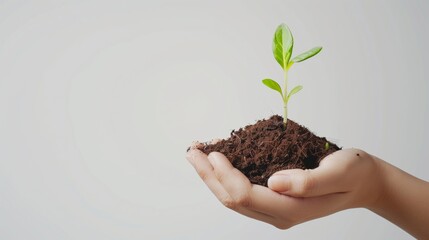 Wall Mural - Hand with a handful of earth and a green plant sprout on a white background