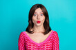 Photo of lovely pretty funny woman with straight hairdo dressed knitwear top staring pouted lips isolated on blue color background