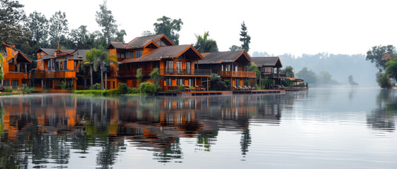 Wall Mural - Lakeside resort with traditional wooden architecture reflected in water isolated on transparent background png