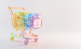 Fototapeta  - Toy metallic pastel shopping cart on grey background, 3d style illustration