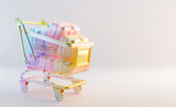 Fototapeta  - Toy metallic pastel shopping cart on grey background, 3d style illustration