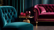A room with a sofa made of luxurious fabric in deep, rich colors and a velvety sheen. Luxurious colors of emerald green and deep burgundy exude luxury and elegance