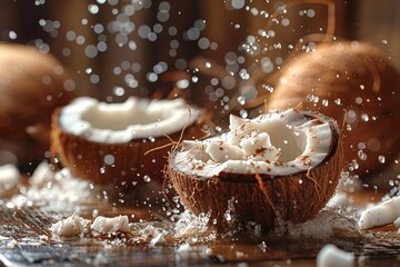 Close-up shot of fresh coconut halves splashed by water droplets on a wooden surface, depicting freshness and tropical flavor