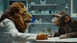Surreal Medical Consultation between Lion Doctor and Monkey Patient in Natural Examination Room Setting Generative ai