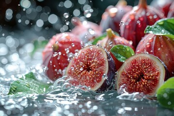 Luscious whole and halved figs showered with glistening water drops, highlighting freshness and natural beauty