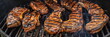 Meat steaks grilling at bbq. Panorama banner	