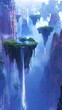 Design a surreal landscape background with floating islands and cascading waterfalls