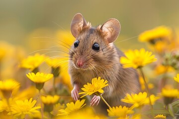 cute mouse in the meadow full of wild flowers, adorable  dynamic angle, 