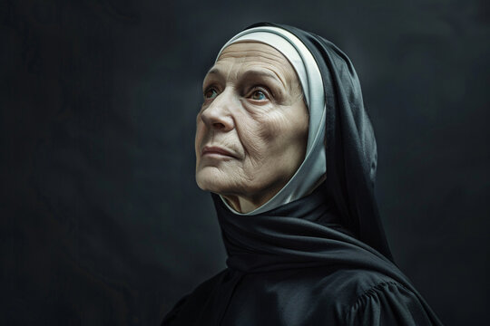 Mature woman nun over dark background with copy space