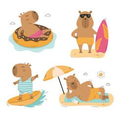 Summer funny capybaras surf and relax vector set