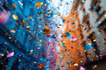 Wall Mural - colorful confetti captured in motion, creating a dynamic and festive atmosphere with a blurred backg