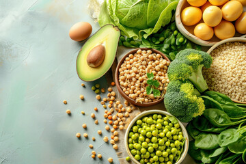 Wall Mural - Variety of fresh vegetables, eggs, beans, and other foods arranged in bowls on a table for a healthy and colorful meal display