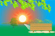 Landscape with a bench at sunset. Vector illustration.