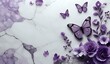 marble background with flower designs and butterfly silhouette, wall decoration in purple tones