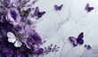 marble background with flower designs and butterfly silhouette, wall decoration in purple tones