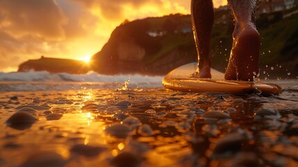 Silhouette of woman rowing on stand up paddle board at quiet sea with warm sunset or sunrise.