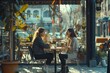 © Jasenko - joyful image of a two business woman talking at the restaurant of the coffee shop, drinking, tea, dynamic angle,