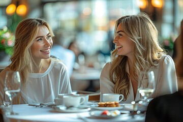 joyful image of a two business woman talking at the restaurant of the coffee shop, drinking, tea, dy