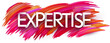 Expertise paper word sign with colorful spectrum paint brush strokes over white.