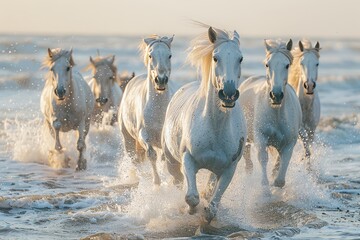 Wall Mural - joyful image of a herd of white horses running through the river,, beach, sea, ocean water, dynamic angle, 