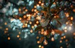 String of Outdoor Light Bulbs among Tree Leaves with Copy Text. Blurred Outdoor Background with Light Bulbs. Relaxing Nature Atmosphere.
