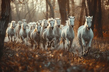 Wall Mural - joyful image of a herd of white horses running through the forest, woodland, dynamic angle, 