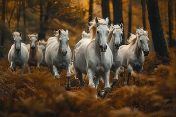 Wall Mural - joyful image of a herd of white horses running through the forest, woodland, dynamic angle, 