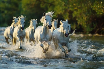 Wall Mural - joyful image of a herd of white horses running through the river, water, dynamic angle, 