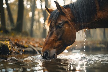 Wall Mural - joyful image of a brown horse drinking water from the river,  thirst,  dynamic angle, 