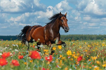 Wall Mural - joyful image of a brown horse running through the meadow full of wild flowers, dynamic angle