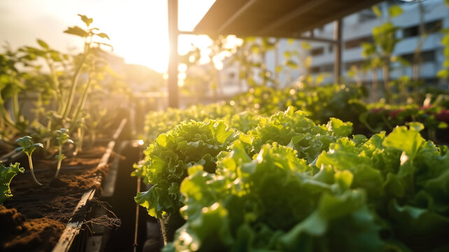 Vibrant green lettuce grows in an urban garden, bathed in the warm light of a setting sun, highlighting sustainable city farming.
