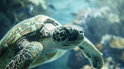 Wall Mural - Marine Wonder: Close-Up of Sea Turtle Over Coral Reef