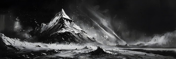 Wall Mural - a black and white photo of a mountain range with a dark sky and a light coming from the top of the mountain.
