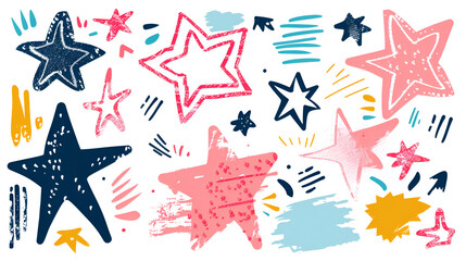 shape elements, abstract. graphic pink stars among scribble doodles, color collage. flat vector illu