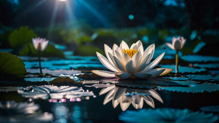 Wall Mural - Loy Krathong festival with colorful candles light and full moon in Thailand background. Floating ritual banana leaves vessel lamp and lotus flower into the
