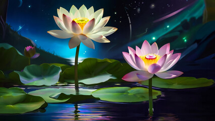 Wall Mural - Loy Krathong festival with colorful candles light and full moon in Thailand background. Floating ritual banana leaves vessel lamp and lotus flower into the

