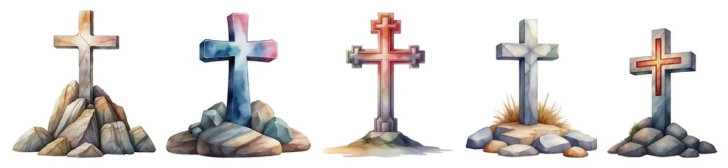 Set of various watercolour stone Christian cross, symbol of religion isolated on transparent background. Generative AI