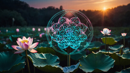 Wall Mural - Loy Krathong festival with colorful candles light and full moon in Thailand background. Floating ritual banana leaves vessel lamp and lotus flower into the
