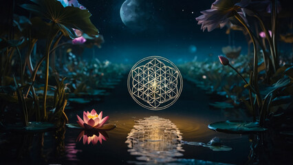 Wall Mural - Loy Krathong festival with colorful candles light and full moon in Thailand background. Floating ritual banana leaves vessel lamp and lotus flower into the
