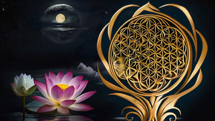 Wall Mural - Loy Krathong festival with colorful candles light and full moon in Thailand background. Floating ritual banana leaves vessel lamp and lotus flower into the

