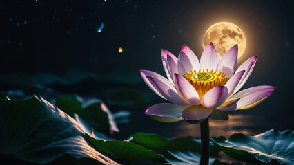 Wall Mural - Loy Krathong festival with colorful candles light and full moon in Thailand background. Floating ritual banana leaves vessel lamp and lotus flower into the
