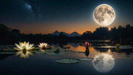 Wall Mural - Loy Krathong festival with colorful candles light and full moon in Thailand background. Floating ritual banana leaves vessel lamp and lotus flower into the
