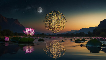 Wall Mural - Loy Krathong festival with colorful candles light and full moon in Thailand background. Floating ritual banana leaves vessel lamp and lotus flower into the
